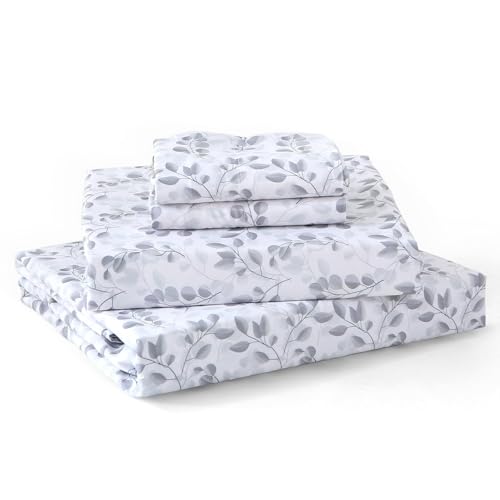 Image of MUXHOMO King Size 4 Piece Sheet Set, Soft Breathable Bed Sheet Set for Bedroom with Deep Pocket Up to 16 inch, Wrinkle-Free & Cooling Bedding for Oeko-TEX Certified - Grey Leaves
