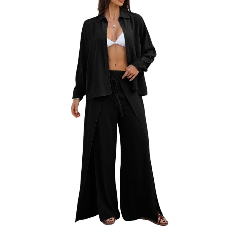 fulaida Solid Color Long Sleeve Button Shirt and Wide-Leg Trousers Women's 2-Piece Set for Spring and Summer Vacation-picture-54
