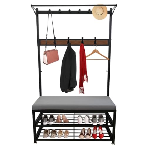 WJIANBIN Portemanteau avec Étagère à Chaussures à 2 Niveaux, Porte-Manteaux Meuble D’entrée avec 10 Crochets, Porte Manteau Vestiaire avec Banc à...