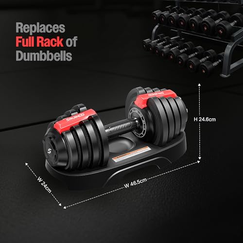 Image of Sparnod Fitness SAD 12.5 Adjustable Dumbbells 12.5kg (Set of 2) with 11 Weight Increments (1.5-12.5kg), One-Hand Quick Adjustment Safety Lock & Storage Rack, Ergonomic Non-Slip Grip, Premium Steel Build