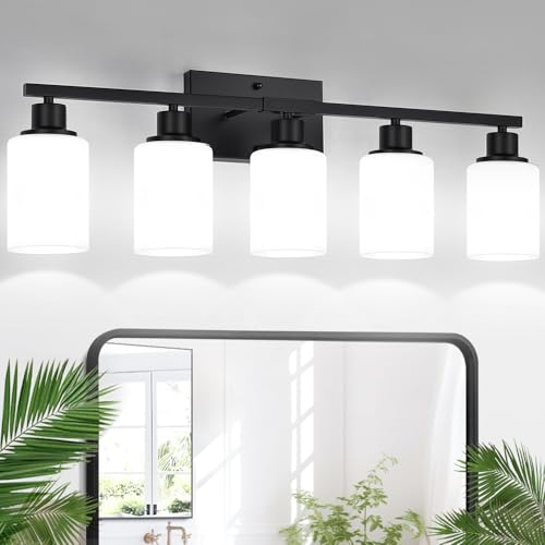 Image of Indoi 5-Light Bathroom Light Fixtures, Matte Black Modern Vanity Lights with Milky White Shades, Bathroom Wall Lamp for Mirror Living Room Cabinet Bedroom Porch