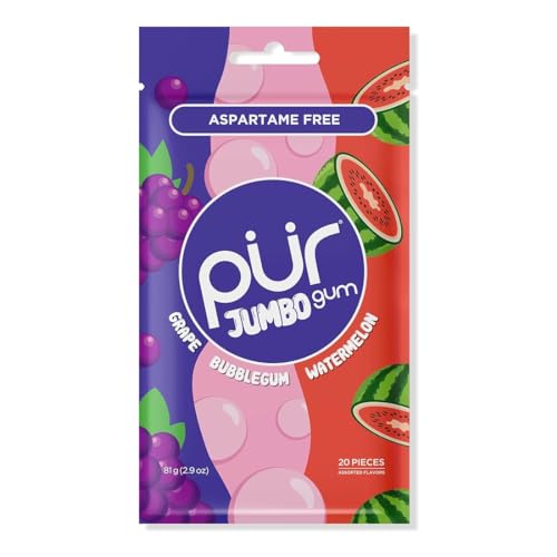 Image of PUR Jumbo Gum, Grape, Bubblegum, Watermelon, Xylitol Gum, 20 Count (Pack of 100)