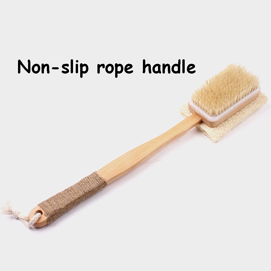 Doppelseitige Körperbürsten mit natürlichen Borsten aus Haar und Luffa, Badebürste aus Holz, reinigt den Körper leicht, rutschfeste Hautbürste mit Bindfadengriff(42 * 9cm*2)