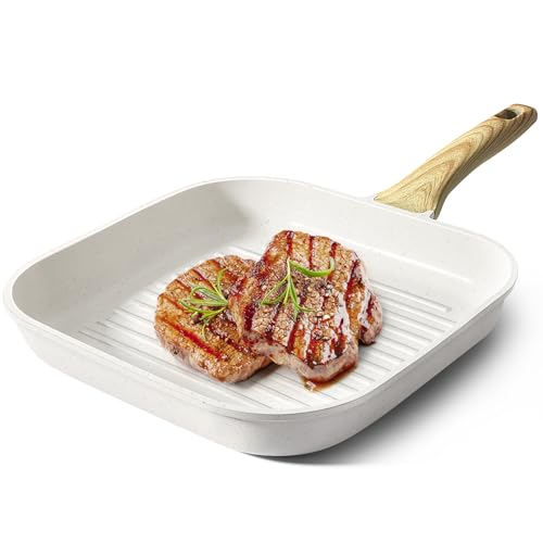 GiPP Nonstick Grill Pan for Stove Tops – 11 Inch Square Grilling Pan for Indoor Cooking & Outdoor Grilling, Non Stick Granite Grill Skillet Steak Pan, PFOA Free, White
