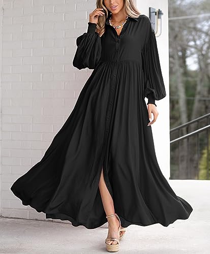 Image of chouyatou Women's Casual Long Sleeve Button Down Shirt Dress Elegant Pleated Flowy Swing Maxi Dress