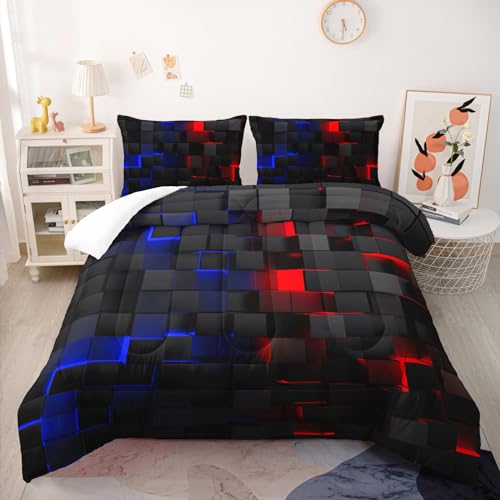 Nttopship Red and Blue Checkered Comforter Set Queen Honeycomb Bedding Sets 3PCS for Kids Teen Adult Boy Room Decor Ultra-Soft Lightweight Microfiber 1 Comforter with 2 Pillowcases