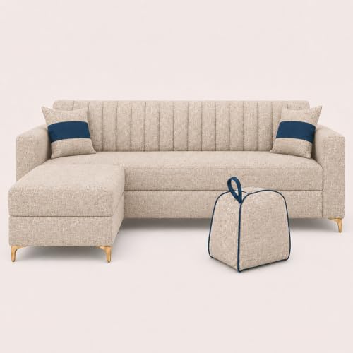 Image of FURNY Signature Regalia 4-Seater L-Shape Sofa Set with Movable Ottoman & Suri Pouf | Flexible LHS /RHS Layout | Boucle Weave Fabric | 40D Foam + Zigzag Spring | 3-Yr Warranty (Sandstone Beige)