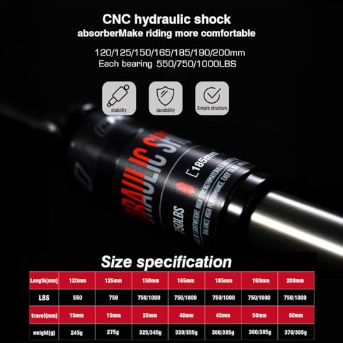 Image of CNC Mountain Bike Rear Shock 120mm 125mm 150mm 165mm 185mm 190mm 200mm, Bicycle Shock Absorber Hydraulic Rear Suspension Shock for Mtb Mtn ebike Dmn.190mm x750lbs