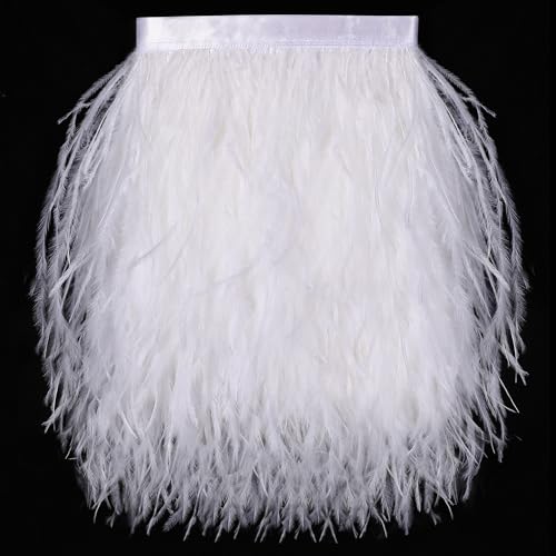 SOGUGOM White Ostrich Feather Trim - 1.5Ply 2Yards 4 Inch Feathers Fringe Ribbons Trim for Sewing Dress Craft Projects Halloween Costumes Holiday Dance Parties(White)