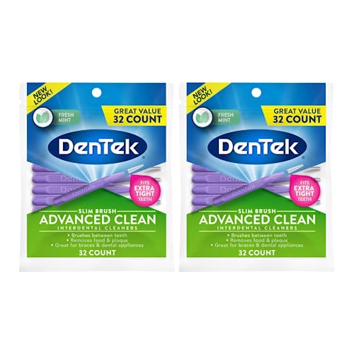 Image of DenTek Advanced Clean Slim Brush Interdental Cleaners, Extra Tight Between Teeth Brushes, Plaque Removal, Dental Picks for Oral Care, Fresh Mint Mouthwash Blast, 32 Count (Pack of 2)