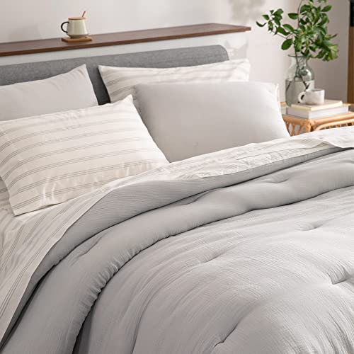 Shalala Cotton Gauze Comforter Bedding Sets,Gray Bed In A Bag Seersucker Comforters For King Bed,Soft Warm Bed Sets With Comforter Set And Gray Striped Sheet Sets(King Size,Grey,7Pcs) #TOP17