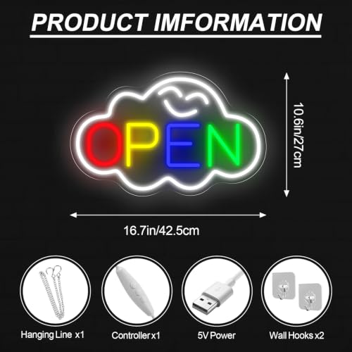 Image of Cloud Open Neon Sign For Business, Rainbow Open Welcome LED Light | USB Powered Dimmable Cloud Open Window Decor Stores Restaurants Offices Shops Bar Cafe Wall Decoration, 16.7 inchx10.6 inch