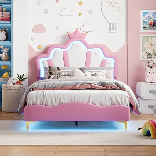 KOOPMAD Cama infantil acolchada 140 x 190 cm, cama niña princesa con LED, camas individuales con cabecera ajustable y somier de láminas, camas para niños y adultos, PU, sin colchón(Rose-B)