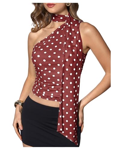 Image of RoseSeek Women's Y2K Leopard Polka Dots Halter Asymmetrical Neck Crop Tops | One Shoulder, Slim Fit, Sleeveless, Cheetah Print, Summer Tops, Scarf Tops, Party, Going Out Tops