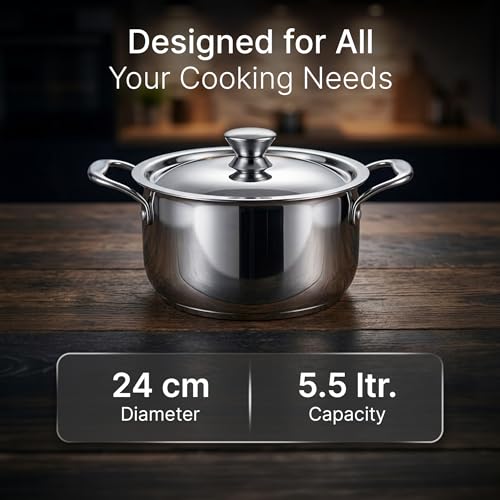 Image of AGARO Regency 24 cm Triply Stainless Steel Casserole with Lid, 5.5L, Induction & Gas Compatible, Even Heat, Non-Toxic, Dishwasher Safe cookware for Kitchen-Ideal for biryani, pulao & Curry.
