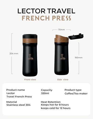 Image of LECTOR French Press Travel Coffee Maker |Double Mesh Steel Filter for Smooth Brew |Portable, Compact & Lightweight | Spill-Proof, Ideal for all Office Goers, Use at Home, Office & Travel (BLACK) 320ML