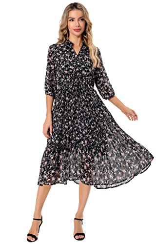 Image of Shineflow Women's Short Sleeve V-Neck 3 /4 Sleeve Button Up Chiffon Floral Pleated Midi Swing Dress with Belt