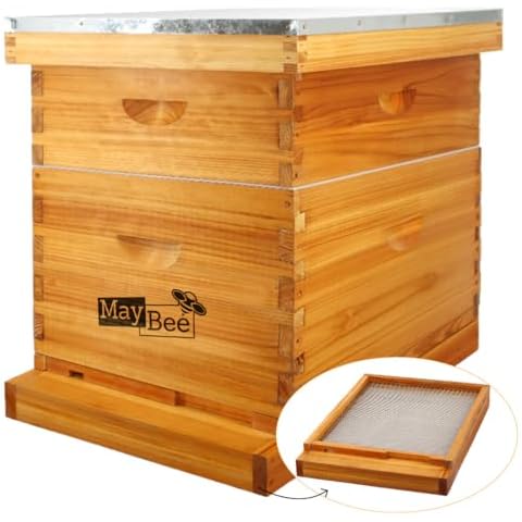 MayBee 10 Frame Screened Bottom Board Beehive Dipped in Original Beeswax, Bee Hives Kit Includes 1 Deep Box & 1 Medium Box with Beehive Frames and Wax Coated Foundations Cover