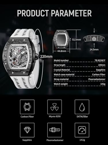 Image of TSAR BOMBA Mens Luxury Watch Automatic Watches for Men 50M Waterproof Japanese Mechanical Movement Tonneau Stainless Steel Case Sapphire Glass Big Face Cool Unique Fashion Gift Men