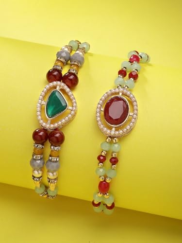 Image of Sukkhi Rakhi Excellent Kundan & Pearls Designer Gold Plated Premium Rakhi for Brother with Roli Chawal & Greeting Card|Rakhi for Brother /Bhaiya /Bhai /Men|Kundan Rakhi|Rakhi Combo-Set of 2