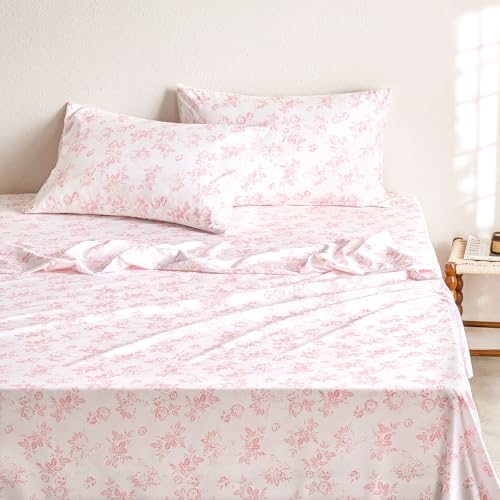 Wake In Cloud - Floral Bed Sheets 4-Piece Sheet Set Shabby Chic Botanical Coquette Cottagecore Vintage Flower Pattern Printed Bedding Deep Pocket Pink Queen Size