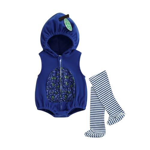 Madjtlqy Baby Halloween Costumes Toddler Girl Boy Fruit Outfits Clothes Hooded Romper Jumpsuit With Long Socks (Blueberry 6-12 Months)
