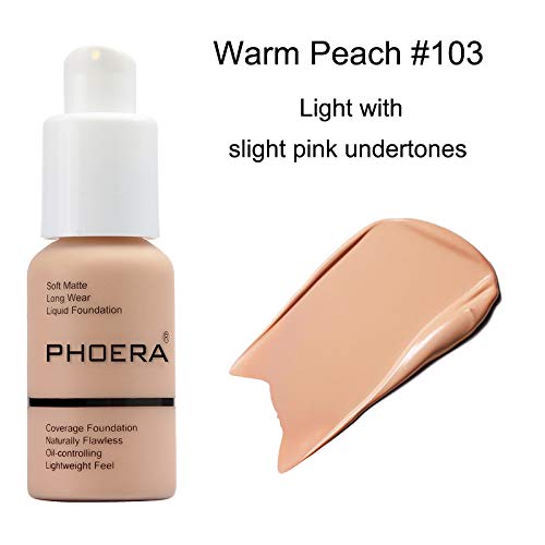 Abrus® - Phoera Foundation And Concealer, Soft Matte Full Coverage, 24Hr Long-Lasting, Oil-Free, Vegan, Waterproof, Kabuki Brush Included (103 Warm Peach) #TOP1