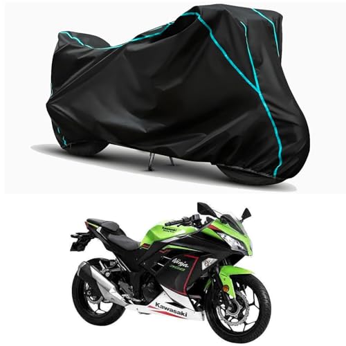 Image of Waterproof Bike Body Cover Compatible for | KawasaNinja 300 BS6 | Taffeta Fabric, Sky Piping Design, Bottom Elastic Fit | Dustproof, Sun UV & Rain Protection for All Weather.