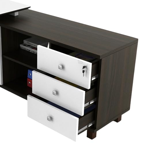 Image of Lakdi The Furniture Co-Director and Executive L Shape Office Table Made in Particle Board with Metal Frame and Drawers and Pedestal Oak Finish with File Cabinet and Pedestal - (LDL-562)
