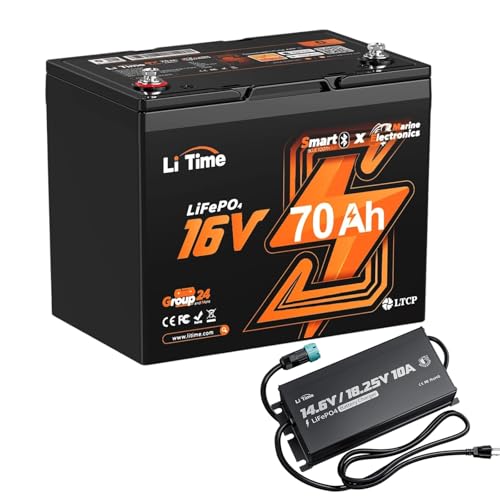 Litime Pro Power 16V 70Ah Lithium Fish Finder Battery with 10A Charger - LiFePO4 with Bluetooth 5.0 Perfect for Marine Garmin Livescope Lowrance ActiveTarget Humminbird Mega Live