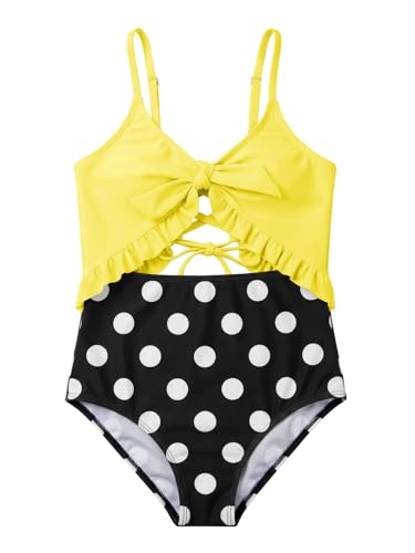 Image of Saodimallsu Girls One Piece Cutout Ruffle Swimsuits Kids Floral High Waisted Tie Front Bathing Suits
