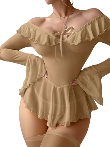Image of Foxiny Sheer Ruffle Long Sleeve Babydoll Lingerie Dress | Off-shoulder neckline, flared cuffs and a flounce hem add movement; thong and thigh-high stockings complete the 3-piece set