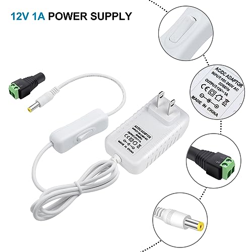 Image of 12V Power Supply, 12 Volt 1A 12W DC Power Supply with On Off Switch, White Switching LED Power Adapter, AC 110V to 12V Transformer Plug for LED Strip Lights with 5.5 /2.1 DC Female Connector