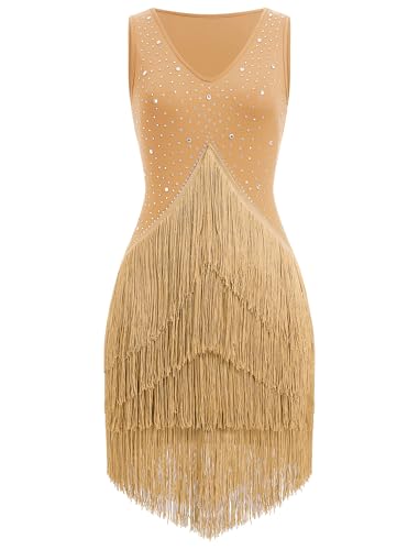 EFOGEP Damen Salsa Latin Dance Kleid Vintage 1920s Ärmellos Strass Lagen Fransenkleider Gatsby Cocktail Ballroom Tangos ChaCha Rumba Flapper Cami...