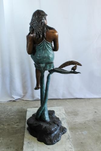 Estatua de bronce niña sentada en vid con pájaro 26x24x53 in miniatura 5