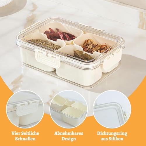 ROTKUSZ Snackbox mit Fächern Snackbox mit 4 Fächern Kunststoff Snackteller Nicht In Die Spülmaschine Geben BPA Frei Snackschale mit Deckel Abnehmbar Snack Organizer für Gewürze Keks Obst Nüsse