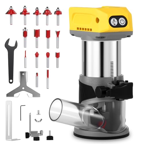 WODHMIEY Kabellose Oberfräse kompatibel mit Dewalt 18–21V Batterie 800W bürstenloser Holztrimmer 5 Drehzahlen 12000–24000 U/min Aluminium Basis Staubabsaugung 15-tlg 1/4″ Fräser Set (ohne Batterie)