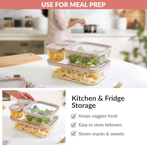 Image of Nestasia Vento Glass Containers with Lid Set of 4 (220ml x 2, 1320ml x 1, 2500ml x 1) - Microwave, Refrigerator & Dishwasher Safe Containers with Air Vent Lid for Fridge Storage (Beige)