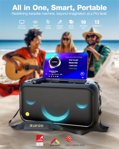 Image of Ikarao Karaoke Machine for Adults with Lyrics Display, Built-in 13.3 inch Screen, Truly All in One Karaoke Machine with 2 Wireless Microphone (Hidden & Self Charging), 460W Bluetooth Speaker for Party, TV