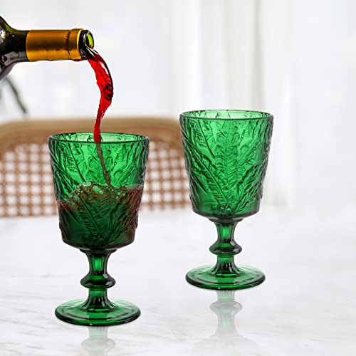 Soujoy Set Of 4 Colored Wine Glass Goblet, 12Oz Handmade Pressed Stemmed Water Cup, Green Vintage Tropical Palm Pattern Embossed Drinkware For Party, Wedding #TOP5