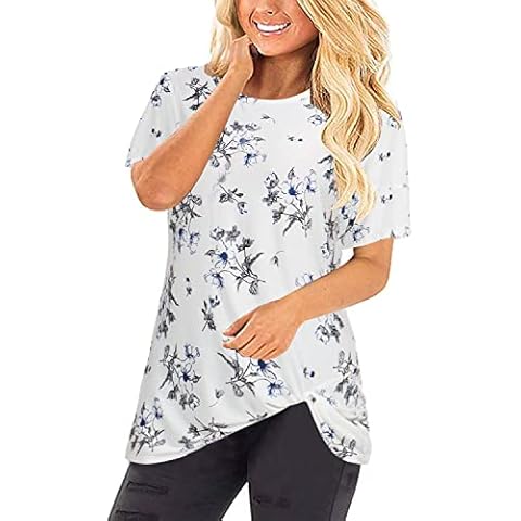 Xpenyo Ladies Tops Short Sleeve Tops O Neck Summer T-Shirt with Twisted Loose Floral Home Clothes Blue Floral M Cover