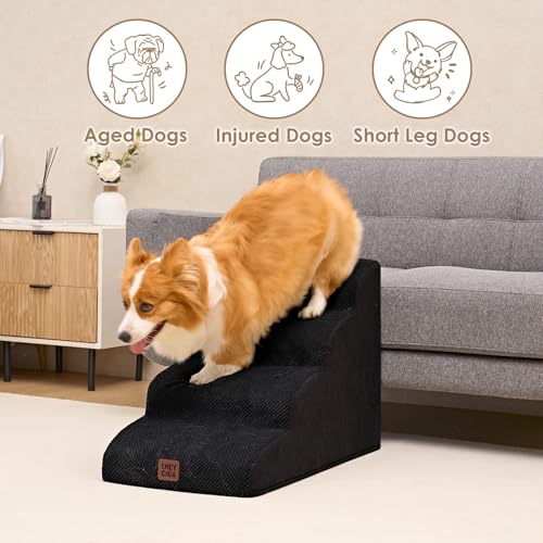 EHEYCIGA Hundetreppe für Kleine Hunde 50 cm Hoch, Haustiertreppe für Sofa Bett, Treppe für Hunde aus Hochdichtem Schwamm, Hunderampe mit Waschbarem Bezug und Rutschfestem Boden, 4 Stufen, Schwarz