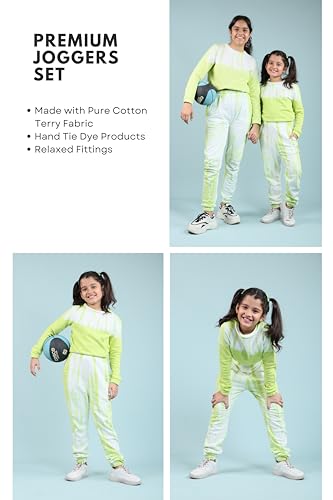 Image of Tweeny Mini Girls Kids Pure Cotton Terry Joggers Set | Tie Dye Co ord Set Winter Combo Outfit with Full Sleeves Sweatshirt and Pants | Relaxed and Comfortable Fittings