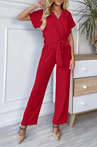 PRETTYGARDEN Women's Summer One Piece Jumpsuits Belted Short Sleeve Wrap V Neck Fashion Dressy Casual Wide Leg Pants Romper