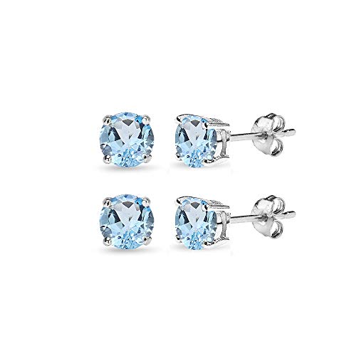 Sterling Silver Round-Cut Solitaire Blue Topaz Stud Earrings for Women
