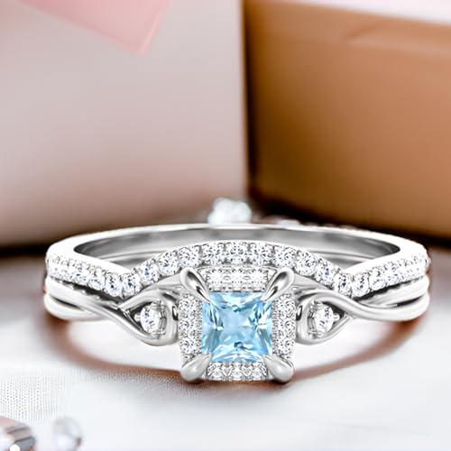 Princess Cut Wedding Ring Set for Women 1CT Princess Shaped Gemstone Bridal Ring Set 925 Sterling Silver 10K 14K 18K Gold Engagement Ring Set3