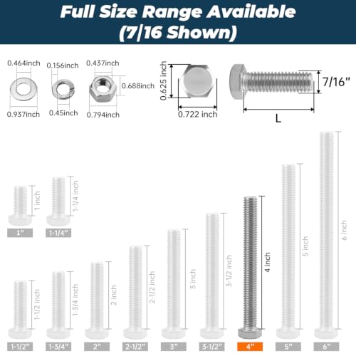 Image of 6 Sets Glvaner 7 /16-14 x 4 inch Stainless Steel Hex Head Screws Bolts, Nuts, Flat & Lock Washers, 18-8 (304) Stainless Steel, Full Thread, Coarse Thread