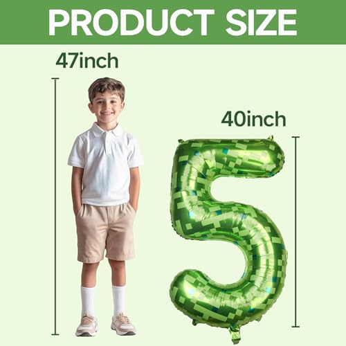 Image of 40 Inch Giant Green Pixel Number 0-9 Foil Balloons, Large Number Balloons Birthday Party Decoration Supplies (Number 5)
