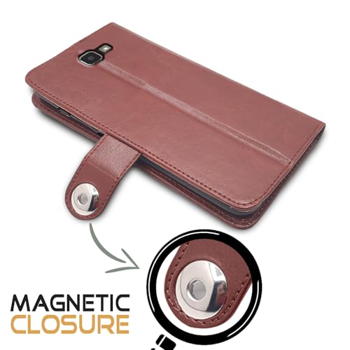 Image of Pikkme Samsung Galaxy J7 Prime Flip Cover Leather Finish | Inside TPU with Card Pockets | Wallet Stand and Shock Proof | Complete Protection Flip Case (Button Brown)
