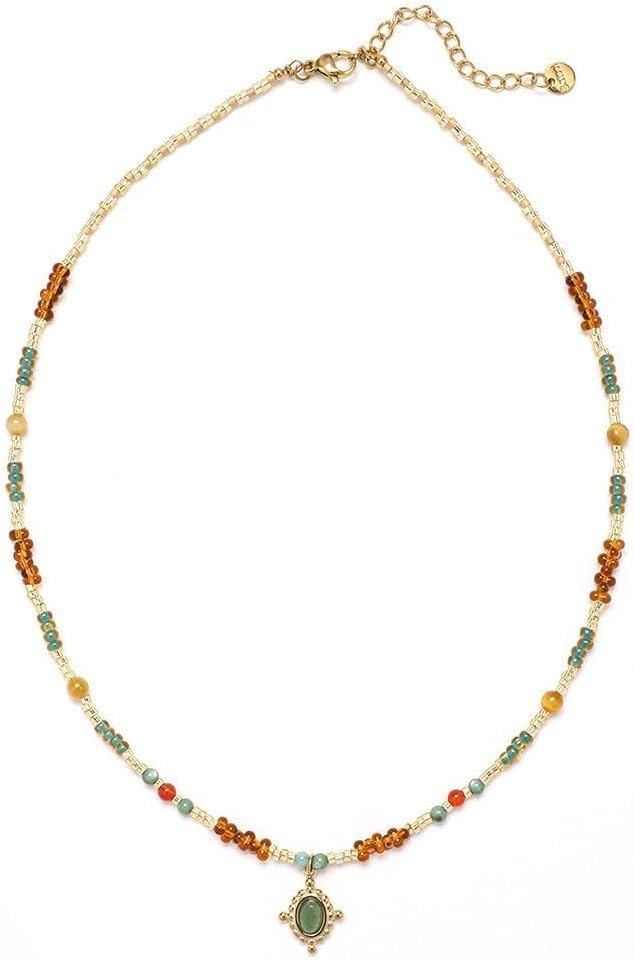 XFSRG Collar de Mujer Singularu con Cuentas de Colores y Colgante de Piedra Verde Joyería de Moda para Todas las Ocasiones